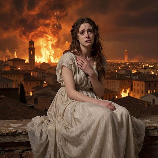 Photograph of a distressed woman with long brown hair in a white, flowing dress, sitting on a rooftop amid a fiery, burning cityscape at night
