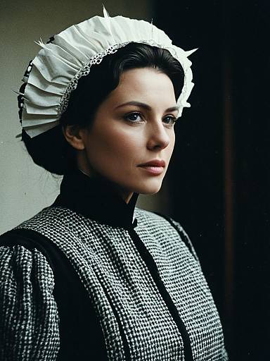Photograph of a pale-skinned woman with dark hair, wearing a white, pleated maid's cap and black-and-white checkered dress, against