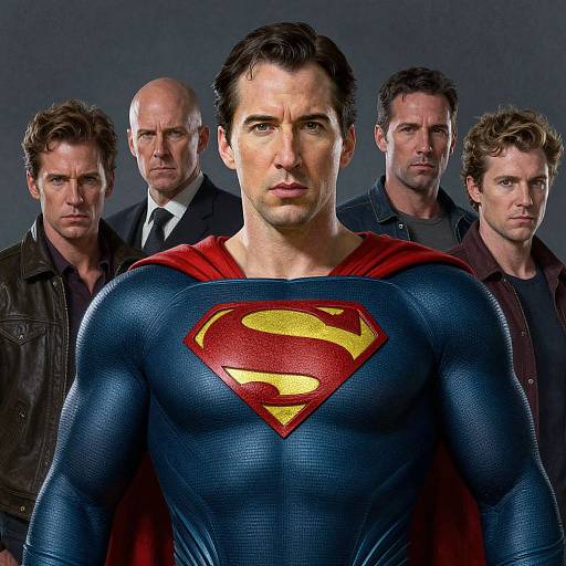 Photograph of muscular Henry Cavill as Superman in blue suit with red cape and yellow 