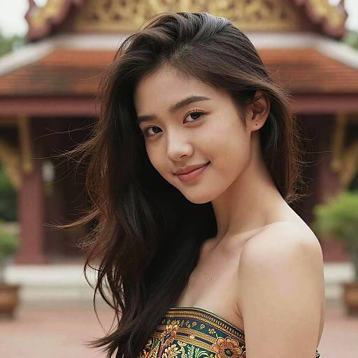 Photograph of a young Asian woman with long, dark hair, smiling, wearing a strapless, patterned top, in front of a red-ro