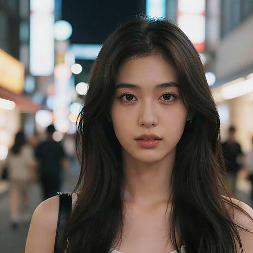 Photograph of a young Asian woman with long black hair, fair skin, and neutral expression, standing in a brightly lit urban street at night. Bl