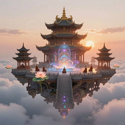 Digital art of a floating, ornate Asian temple at sunset, surrounded by clouds, illuminated by glowing runes, with silhouetted figures and pink
