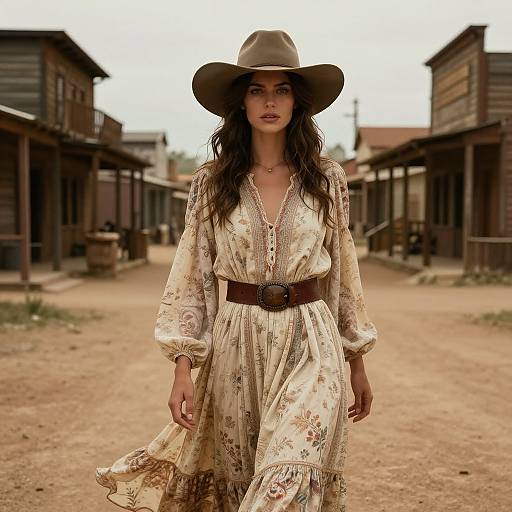 Photograph of a young woman with long brown hair, wearing a beige floral dress, brown belt, and wide-brimmed hat, walking down a