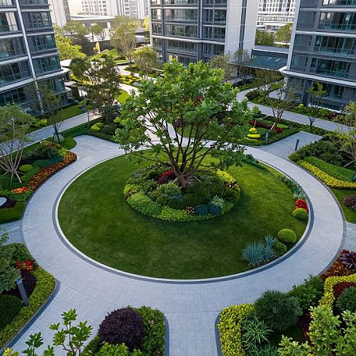 Aerial photograph of a modern urban courtyard with a circular green lawn, surrounded by neatly manicured flower beds and a gray stone pathway, flanked by
