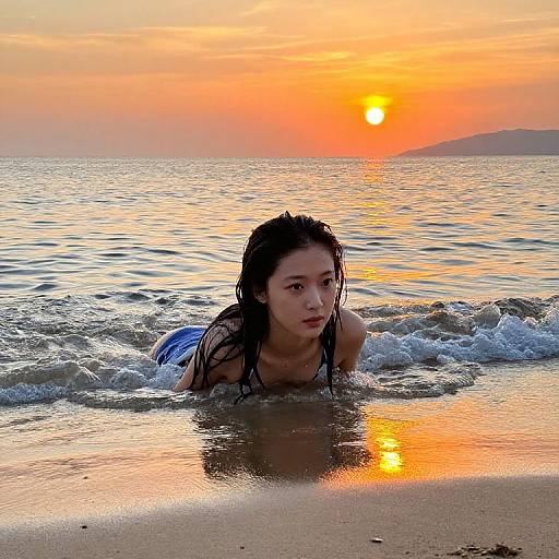 Photograph of an Asian woman with wet black hair, wearing a blue swimsuit, lying in shallow ocean waves at sunset.