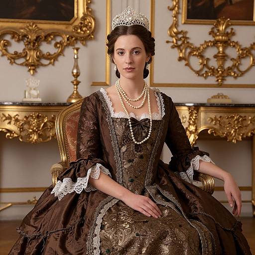 Photograph of a regal woman in an ornate brown Victorian dress with lace trim, pearl necklace, silver tiara, seated in an opulent
