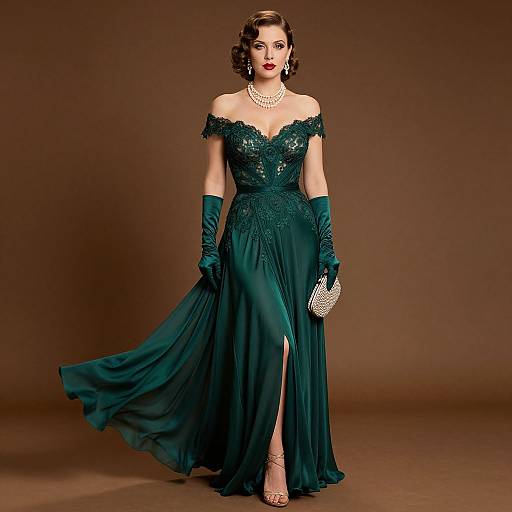Photograph of a glamorous woman in an off-shoulder, emerald green evening gown with lace detailing, long gloves, pearl necklace, and clutch