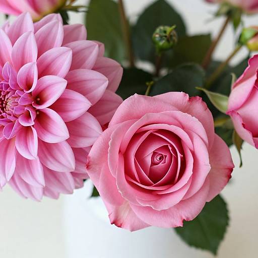 Close-up photograph of vibrant pink dahlia and rose flowers with green leaves, bright white background, showcasing detailed petals and textures.