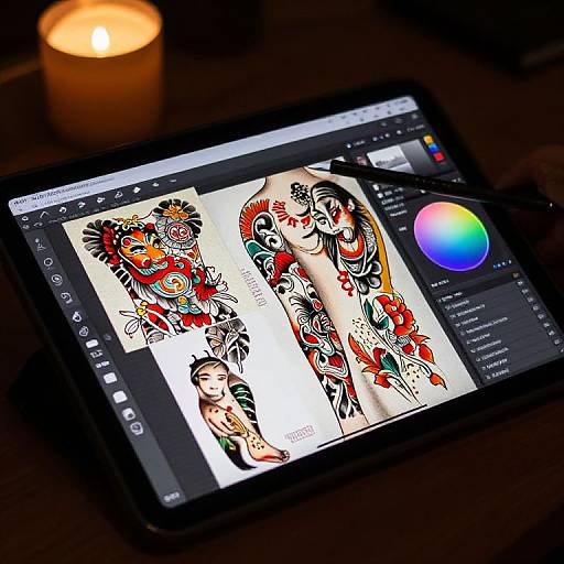 Digital tablet displaying vibrant, traditional-style tattoo designs with colorful flowers and intricate patterns, illuminated by a glowing candle.