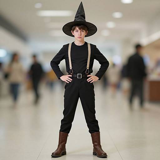 Photograph of a young man in a black witch costume with a pointed hat, suspenders, black pants, and brown boots, standing confidently in a