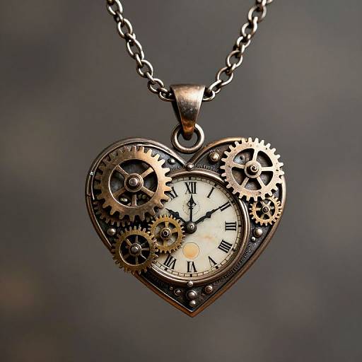Steampunk heart pendant with gears and clock face, black Roman numerals, silver chain, blurred dark gray background, detailed metallic textures.
