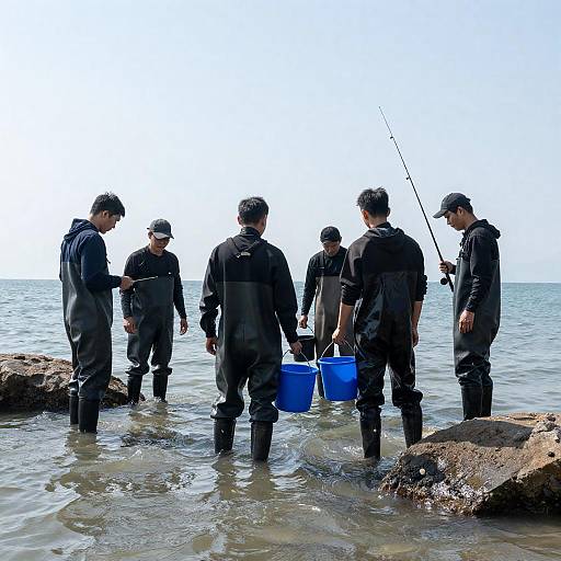 Sunlit Waders Fishing in Shallow Sea