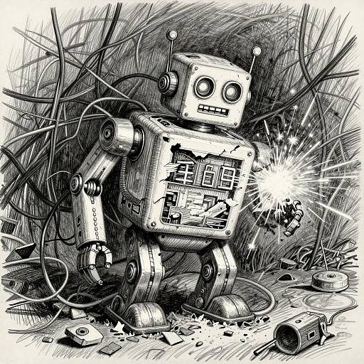Black-and-white ink drawing of a damaged, sparking robot with exposed circuitry, tangled wires, and debris in a chaotic background.