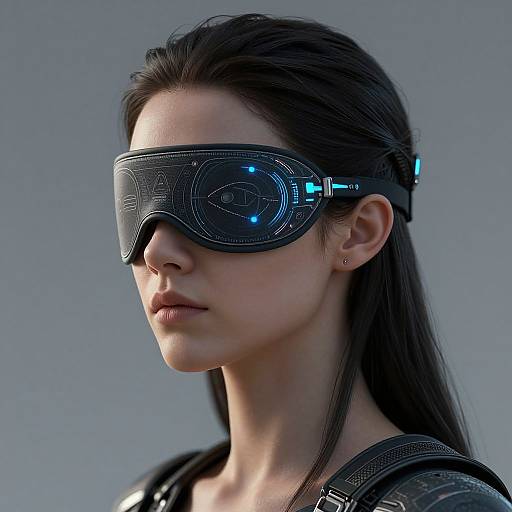 CGI portrait of a young woman with fair skin, dark hair, wearing futuristic black visor with blue lights, against a gray background.