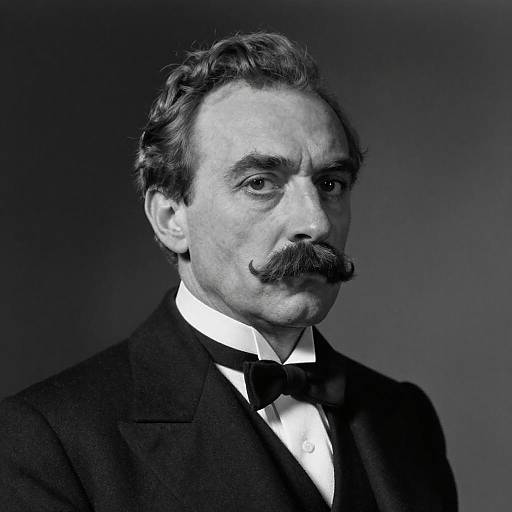 Black-and-white portrait of an older man with a thick mustache, wearing a formal black suit, white shirt, and black bow tie, against a