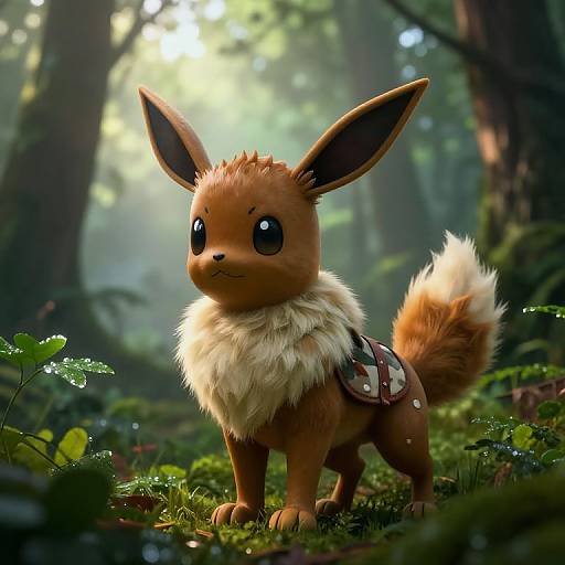 Digital artwork of a fluffy Eevee with large ears and a bushy tail, standing in a sunlit, misty forest, wearing a brown
