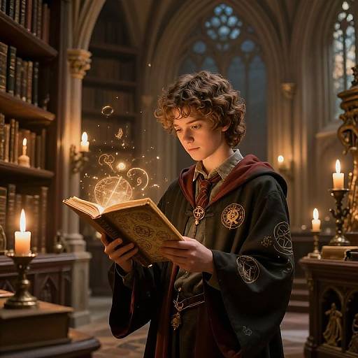 Photograph-style CGI of a young wizard with curly brown hair, black robe, reading a glowing enchanted book in a lit, medieval library.