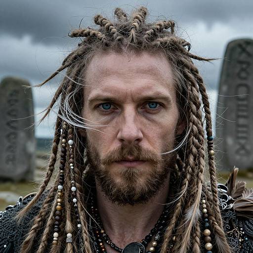 Photograph of a serious, bearded man with long, brown dreadlocks adorned with beads, blue eyes, standing in a cloudy cemetery with two blurred