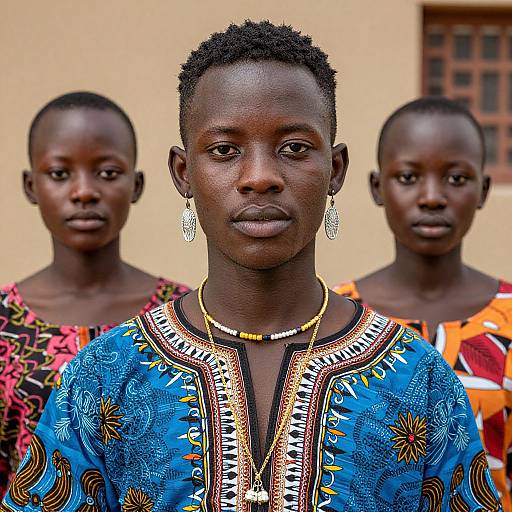 Photograph of three African women with dark skin, wearing vibrant, intricately patterned traditional dresses, standing in front of a beige wall. Central woman