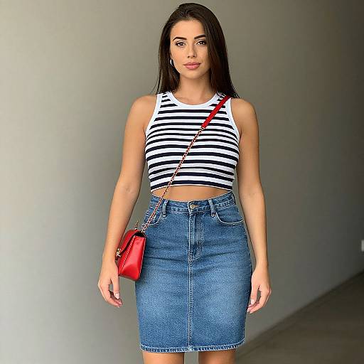 Photograph of a young woman with straight black hair, wearing a black-and-white striped tank top, blue denim skirt, and red crossbody bag,