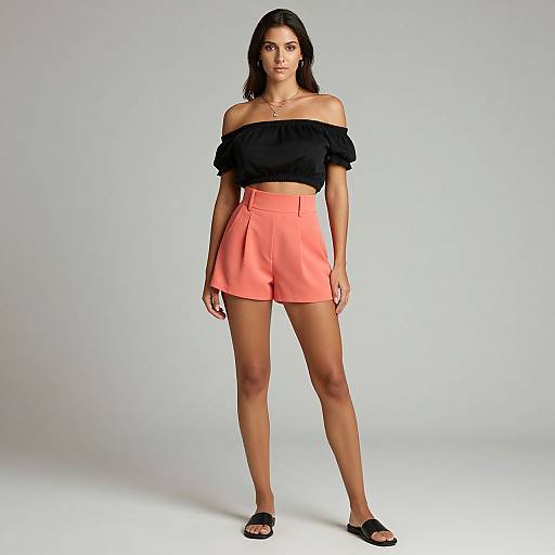 Photograph of a young woman with long dark hair, wearing a black off-shoulder top, coral high-waisted shorts, and black sandals
