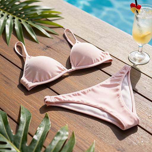 Photograph of a pink bikini top and bottom on a wooden deck, with a tropical cocktail and blue pool in background, surrounded by green leaves.