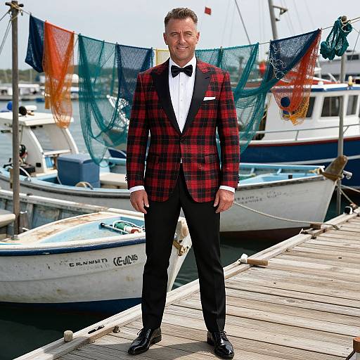 Photograph of a smiling man in a red-black plaid tuxedo, black bow tie, white shirt, standing on a wooden dock with boats