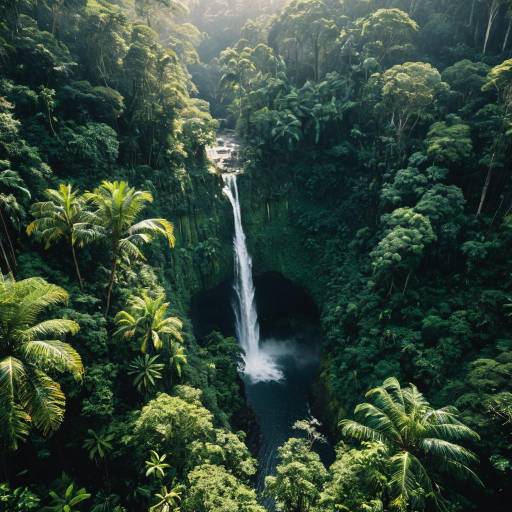 Aerial View of Tropical Rainforest Waterfall