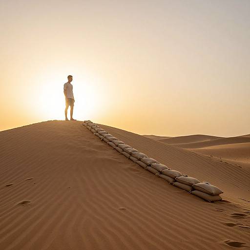 Photograph of a solitary figure in white standing on a sand dune at sunset, with a row of sandbags leading to the top. Golden sky