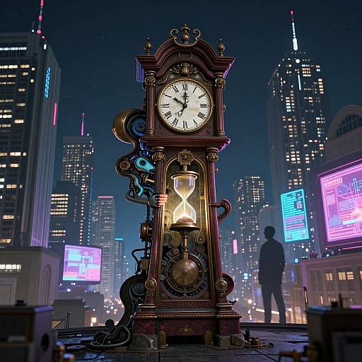 A steampunk clock tower with glowing hourglass, illuminated against a neon-lit, futuristic cityscape at night, with a silhouetted