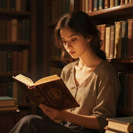 Photograph of a young woman with dark hair in a braid, reading an old book in a dimly lit library. Warm sunlight highlights her focused