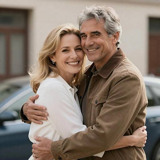 Middle-aged couple hugging outdoors