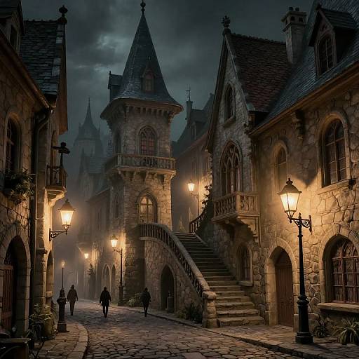 Photograph of a medieval Gothic village at night, with dim lanterns, cobblestone street, stone buildings, arched windows, and four people