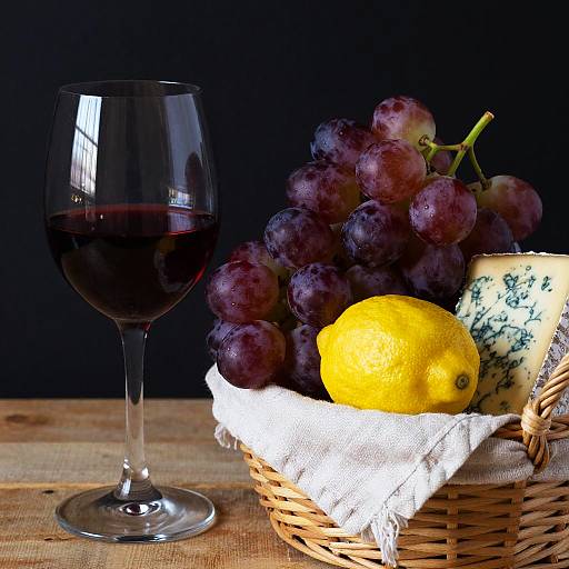 Photograph of a wicker basket with purple grapes, yellow lemon, and blue-patterned cheese, next to a glass of red wine on a wooden