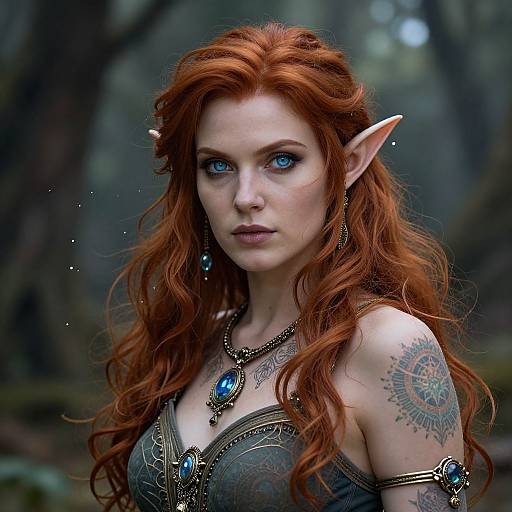 Digital fantasy artwork of a pale-skinned, red-haired elf woman with blue eyes, pointed ears, intricate tattoos, and blue gem jewelry in a mystical