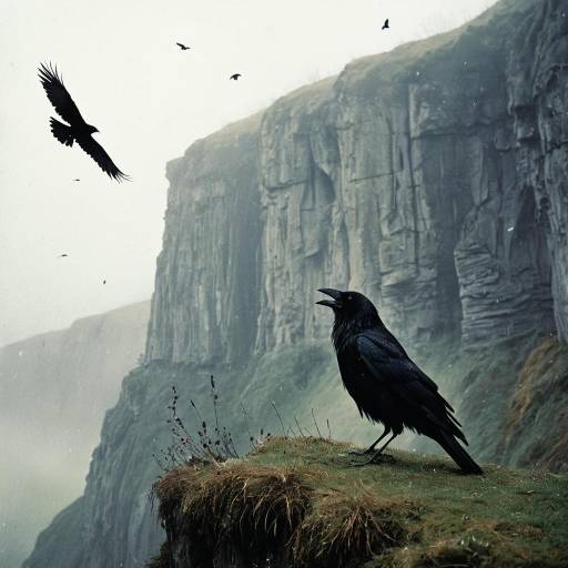 Crow Singing on Misty Cliff Edge