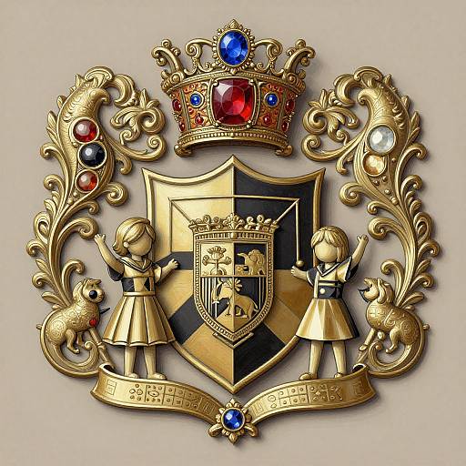 Golden royal coat of arms with two child dolls, ornate crown, shield, and dragons, adorned with red, blue, and white gems.