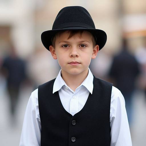 Photograph of a young boy with fair skin, brown hair, wearing a black bowler hat, white shirt, and black vest, standing in a