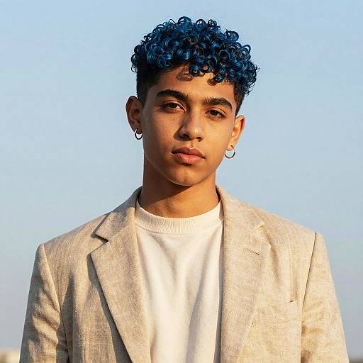 Portrait of Latinx Non-Binary Teen with Blue Curly Hair