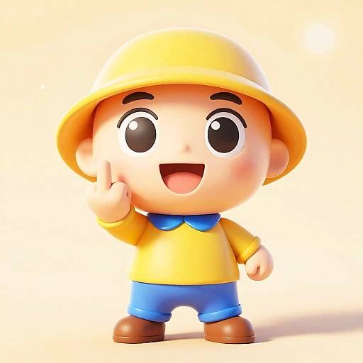 Cartoon-style 3D illustration of a cheerful boy with large eyes, orange hat, yellow shirt, blue pants, and brown shoes, raising his