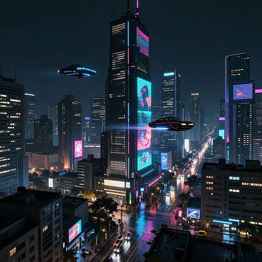 Neon-lit, futuristic cityscape at night with brightly lit skyscrapers, flying cars, and colorful digital billboards reflecting on busy streets.