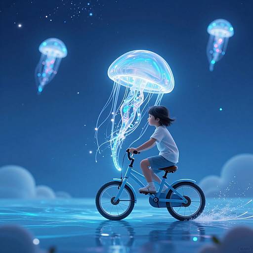 Digital illustration of a child riding a bicycle with glowing blue jellyfish floating above in a starry night sky.