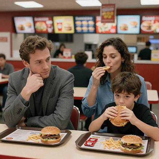 Family Eating Burgers in Fast Food Restaurant