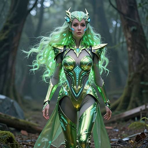 Digital art of a green-haired, fair-skinned elf woman in glowing green and gold armor, standing in a misty forest. Her armor is intric