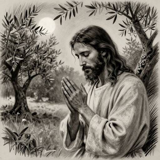 Black-and-white digital drawing of Jesus with long hair and beard, praying with hands raised, surrounded by olive trees in a serene, wooded landscape.