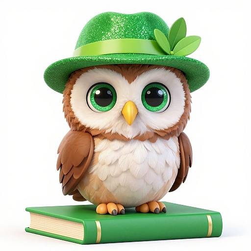 Cute, brown and white cartoon owl with large green eyes, wearing a glittery green hat with a leaf, standing on a green book. Digital