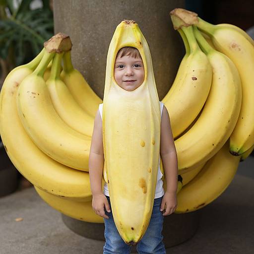 Photograph of a smiling toddler wearing a banana suit, standing in front of a large bunch of yellow bananas.