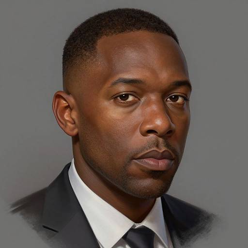 Photorealistic portrait of a serious, dark-skinned African American man with short hair, wearing a black suit, white shirt, and black tie,