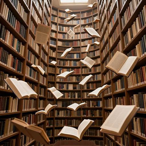 Photograph of a library with floating open books, surrounded by towering, curved wooden bookshelves filled with books. Warm, ambient lighting.