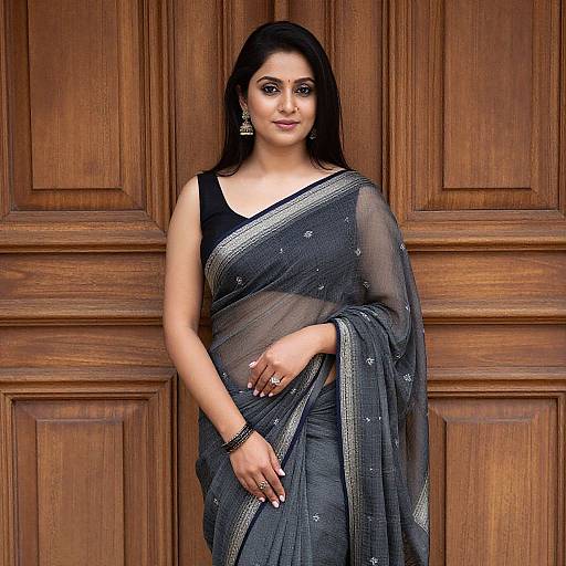 Photograph of a beautiful Indian woman with long black hair, wearing a black and silver saree, standing against a wooden paneled wall, with elegant